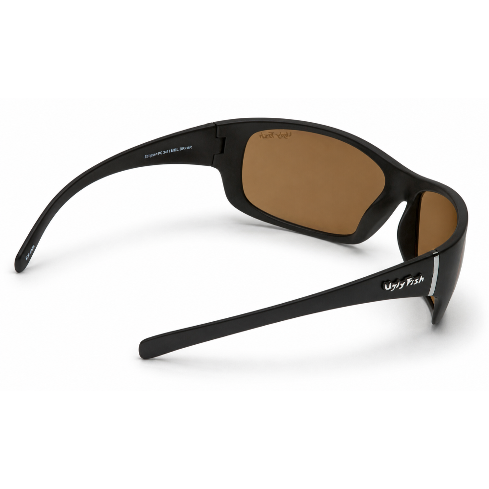 Ugly Fish Eclipse Premium Polarised Black sunglasses with brown lenses on a white background