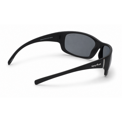 Ugly Fish Eclipse premium polarised black sunglasses with dark lenses on a white background