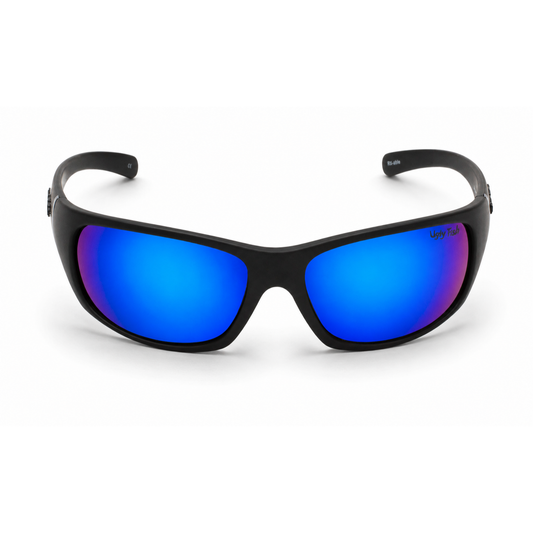 Ugly Fish Eclipse Polarised Premium black sunglasses with blue lenses on a white background