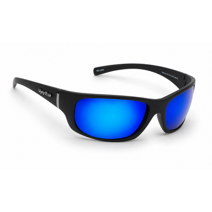 Ugly Fish Eclipse premium polarised black sunglasses with blue lenses on a white background