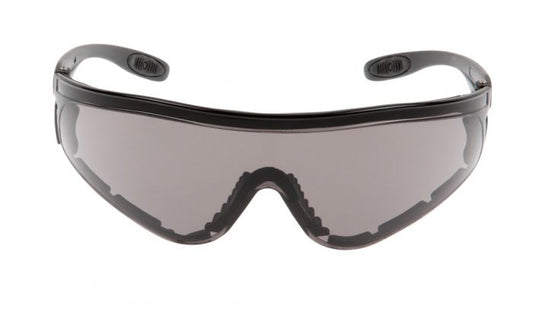 Black safety goggles with clear lenses on a white background