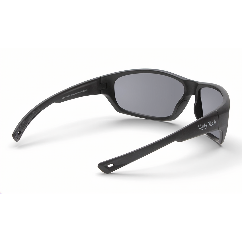 Black R177 Motorcycle sunglasses with gray lenses on a white background