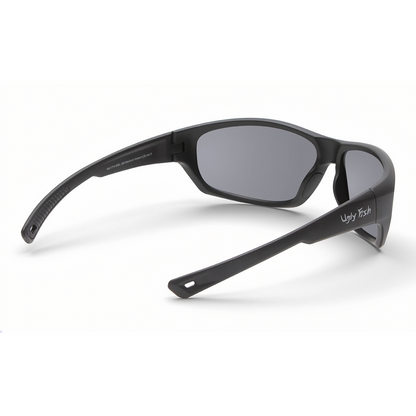 Black R177 Motorcycle sunglasses with gray lenses on a white background