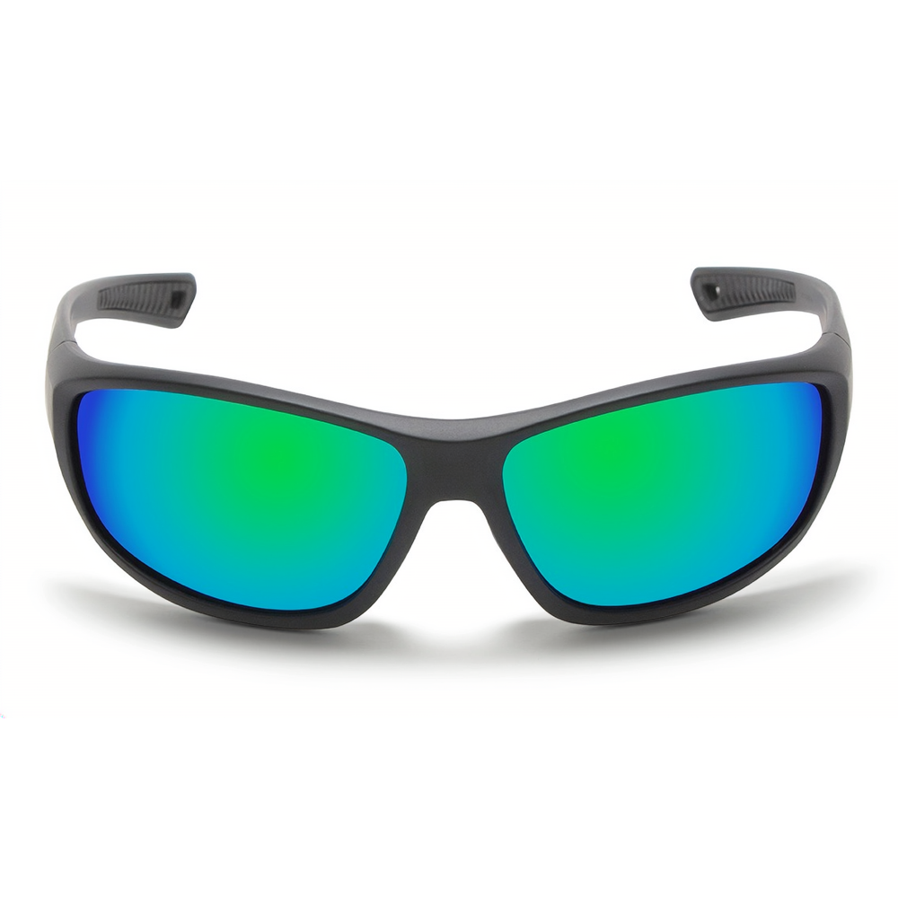 R177 Motorcycle Sunglasses with green reflective lenses and black frame on a white background