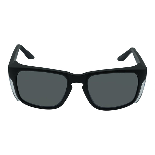 Polarised safety sunglasses with a wrap-around black frame and side shields.