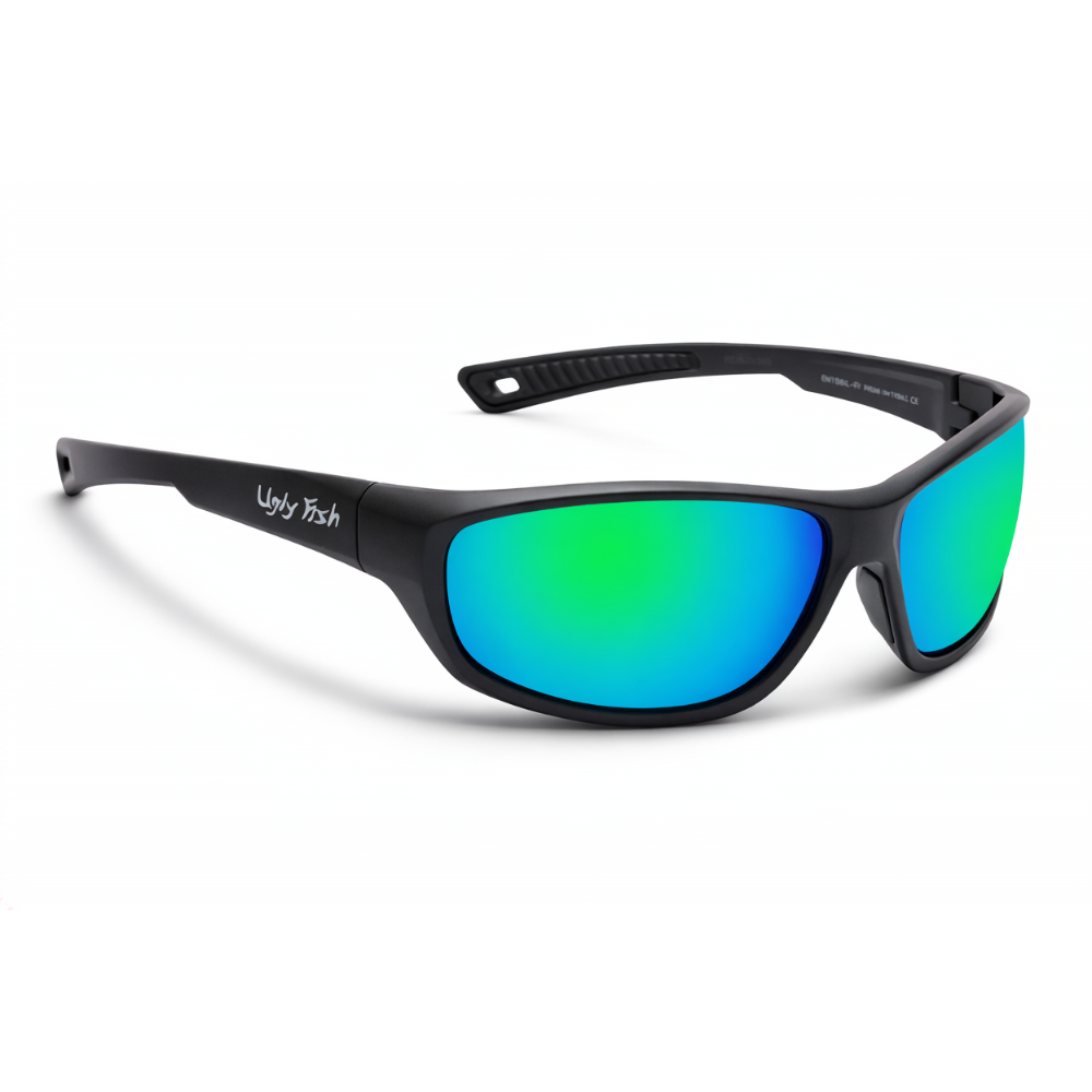 R177 Motorcycle Sunglasses with green reflective lenses and black frame on a white background