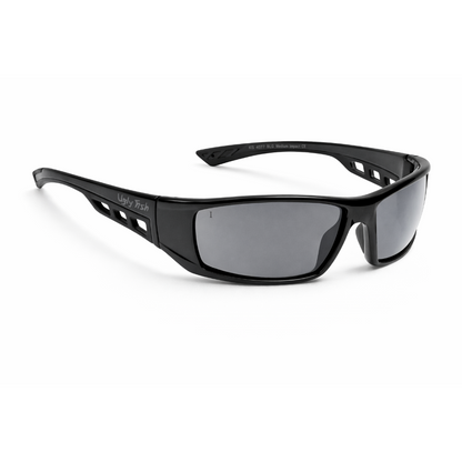 RS4077 Black Motorcycle sunglasses with gray lenses on a white background