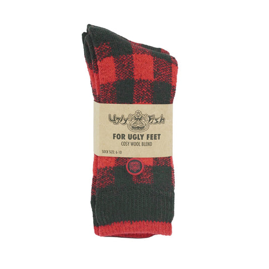 Red and black checkered sock with a branded label on a white background