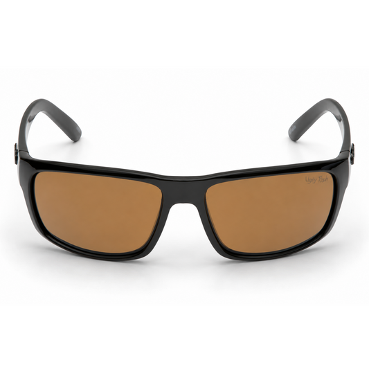 Ugly Fish Xenon premium polarised black sunglasses with brown lenses on a white background