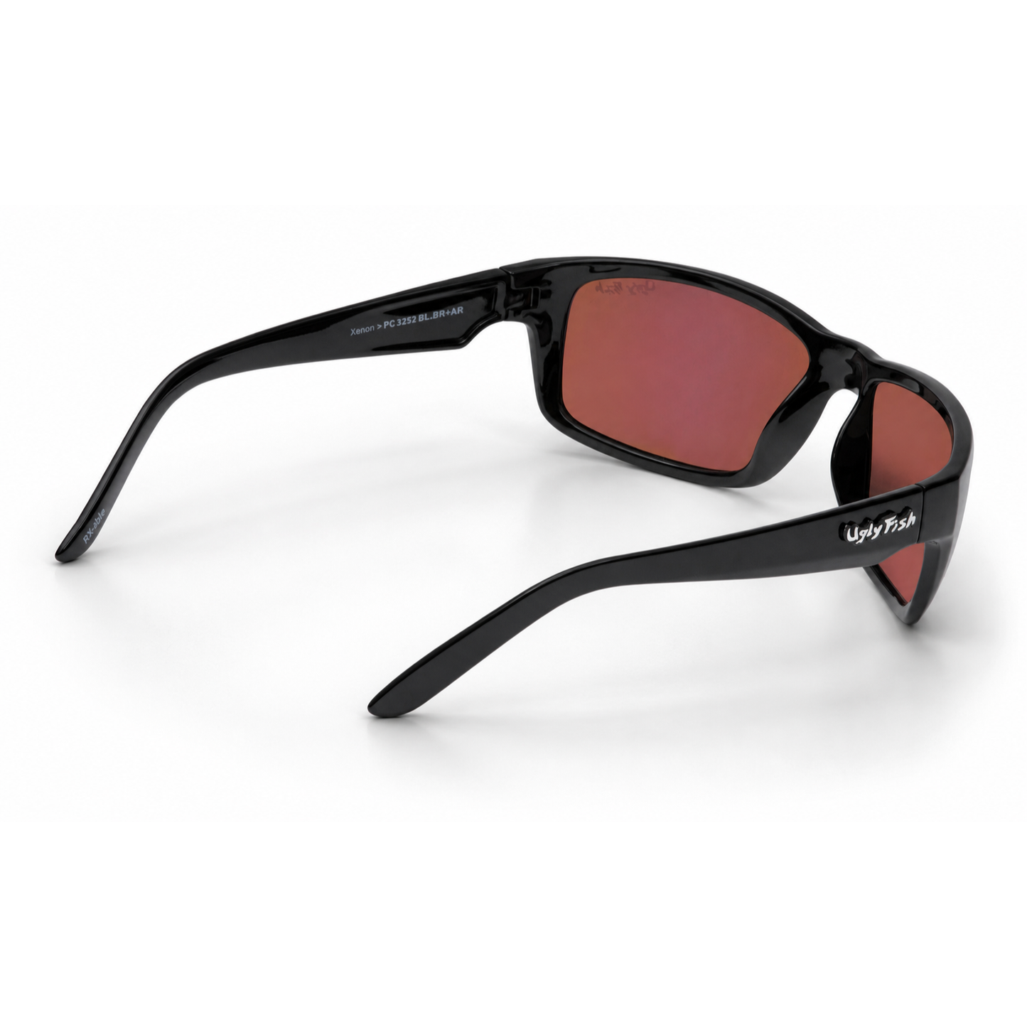 Ugly Fish Xenon premium polarised black sunglasses with red-tinted lenses on a white background