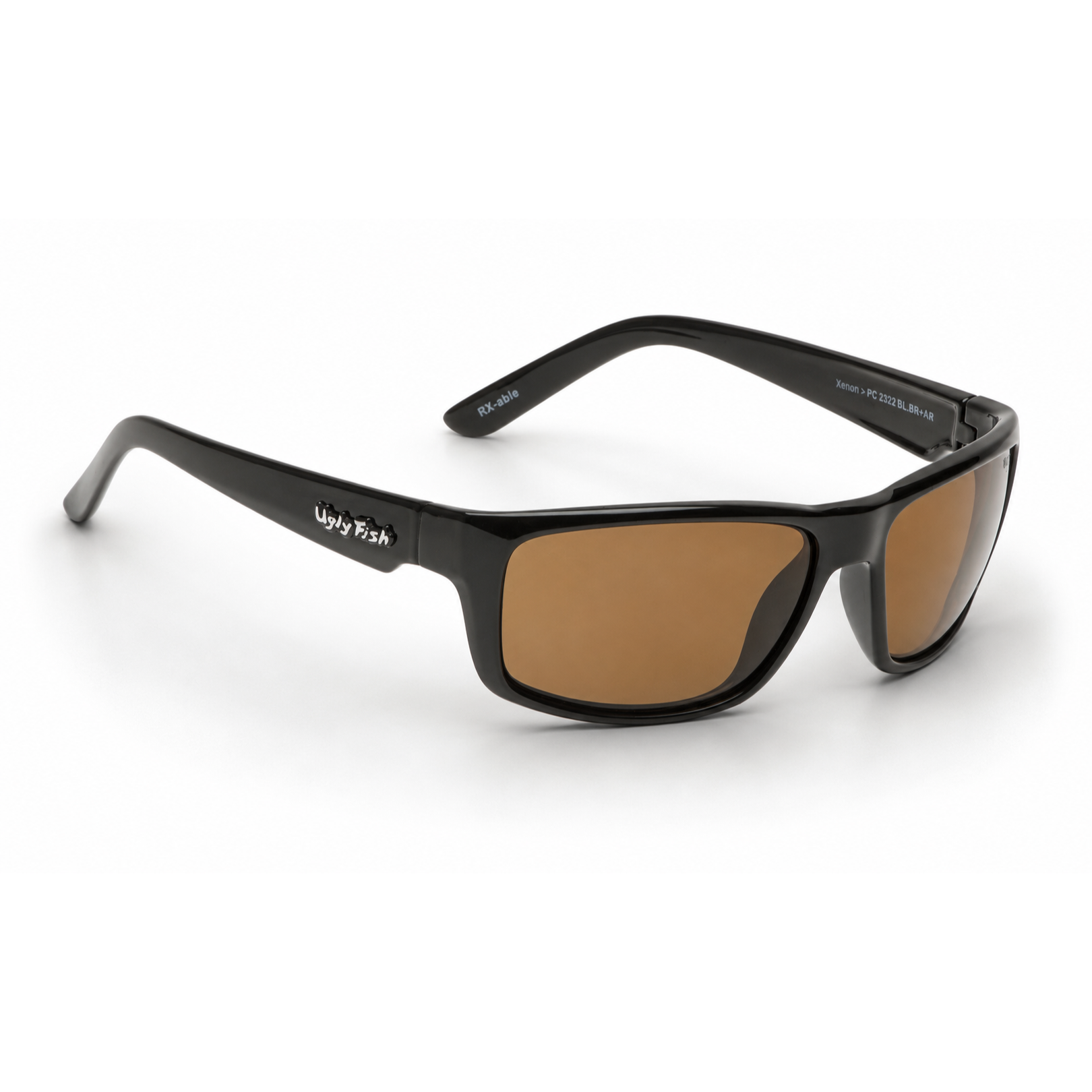 Ugly Fish Xenon premium polarised black sunglasses with brown lenses on a white background